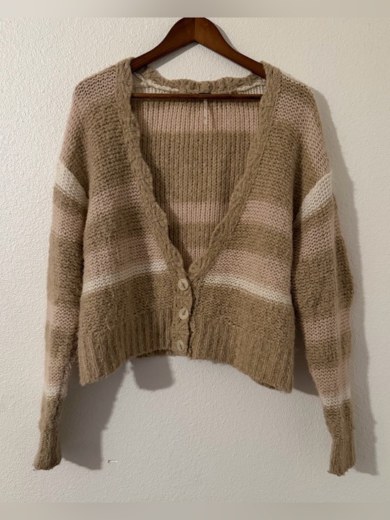 Free People Sweaters - Free People Size XS Tan Cream Baby Pink Knit Striped Oversized Cardigan Sweater